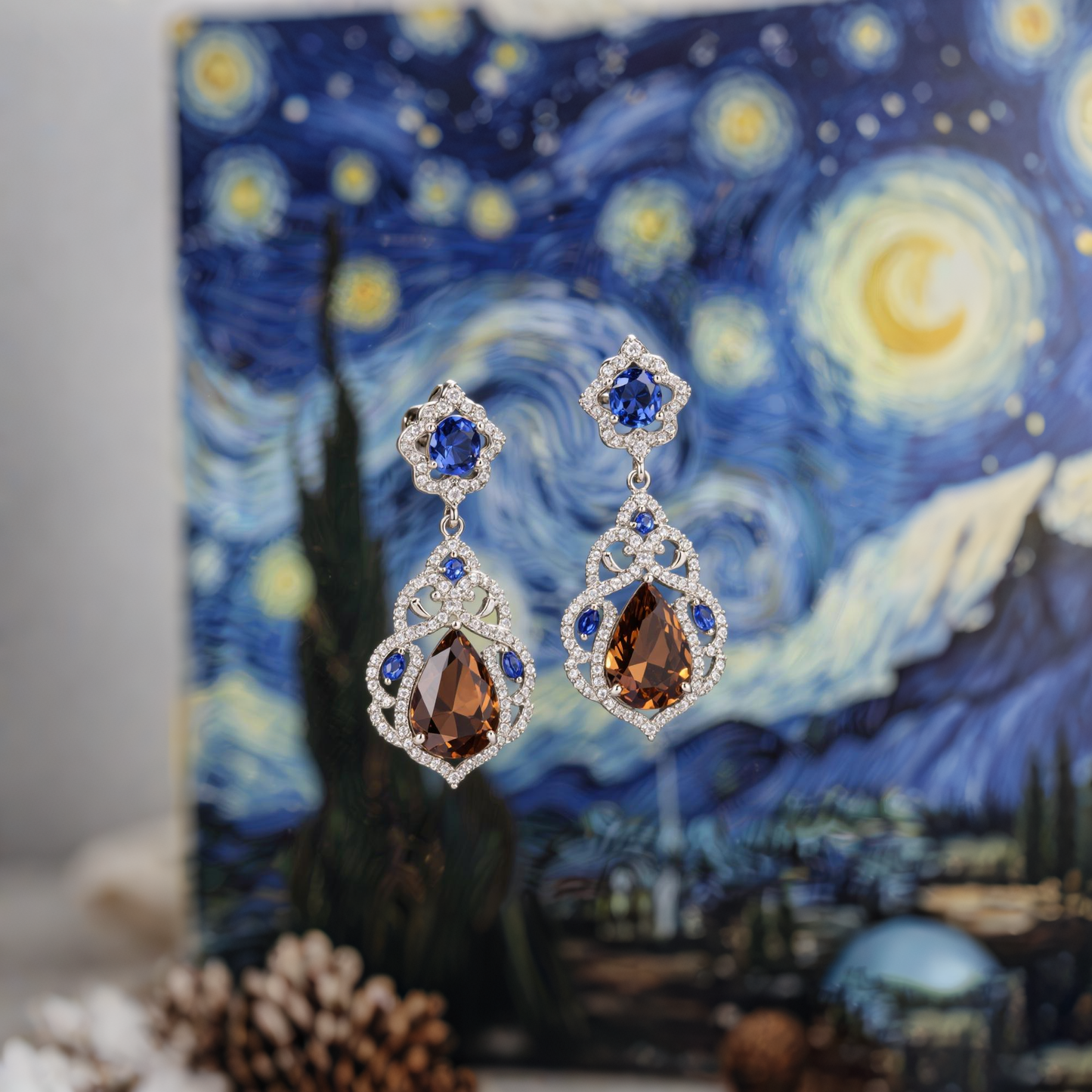 Sotiya Artist Collection Famous Painting Starry Night Vintage Pear Cut Chocolate Drop Earrings Sterling Silver